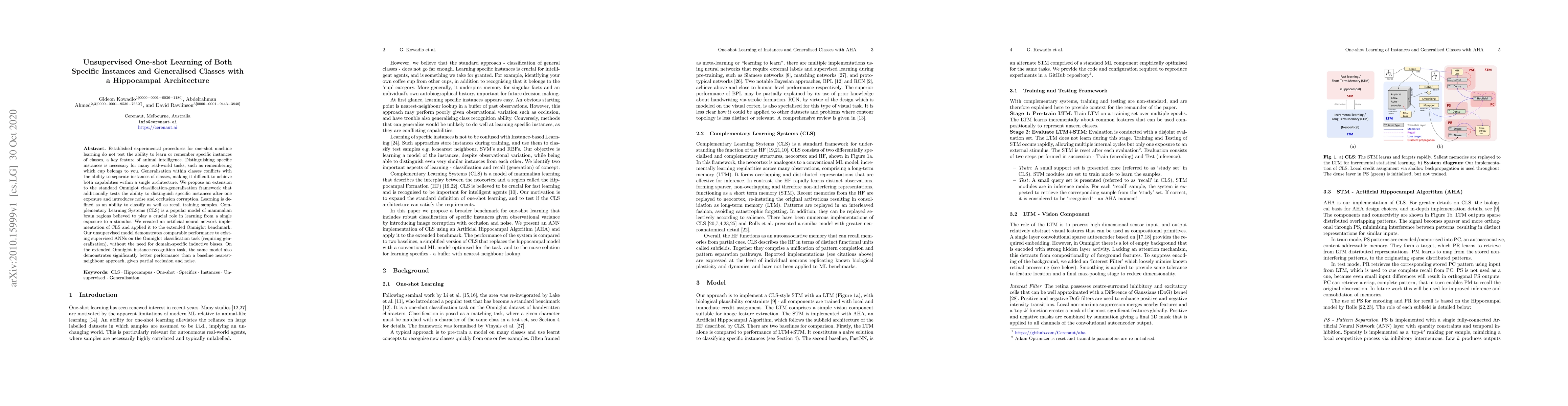 Thumbnail for Unsupervised One-shot Learning of Both Specific Instances and
  Generalised Classes with a Hippocampal Architecture