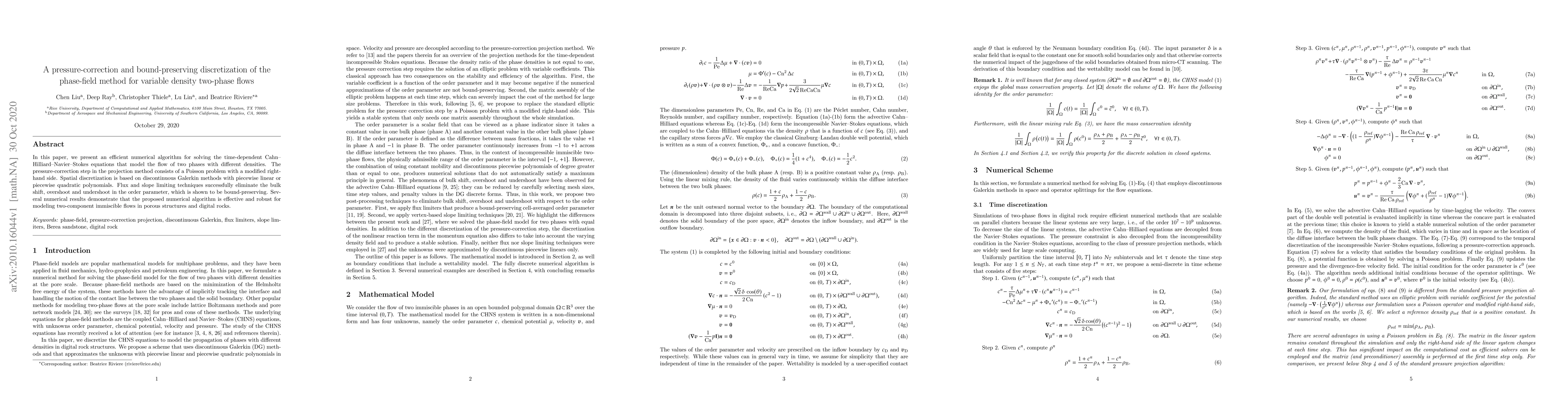 Thumbnail for A pressure-correction and bound-preserving discretization of the
  phase-field method for variable density two-phase flows