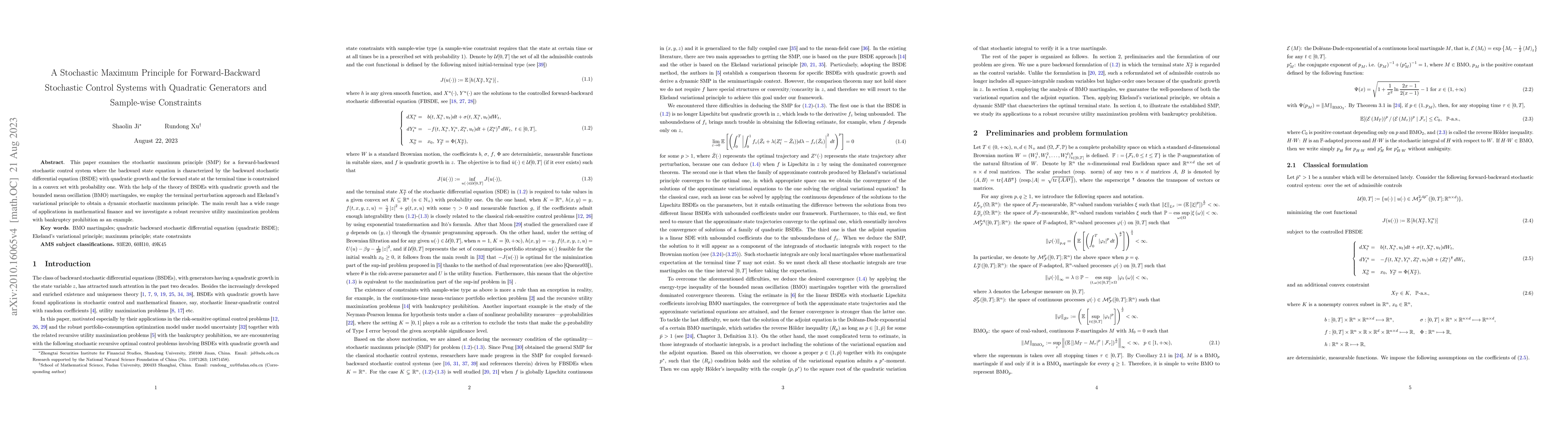 Thumbnail for A Stochastic Maximum Principle for Forward-backward Stochastic Control
  Systems with Quadratic Generators and Sample-wise Constraints
