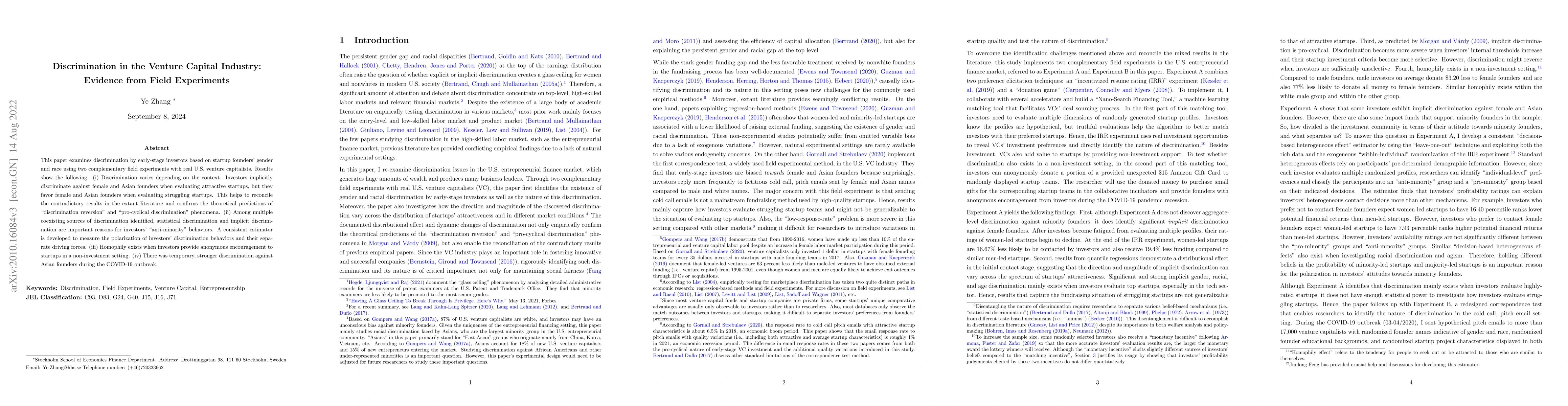 Thumbnail for Discrimination in the Venture Capital Industry: Evidence from Field
  Experiments