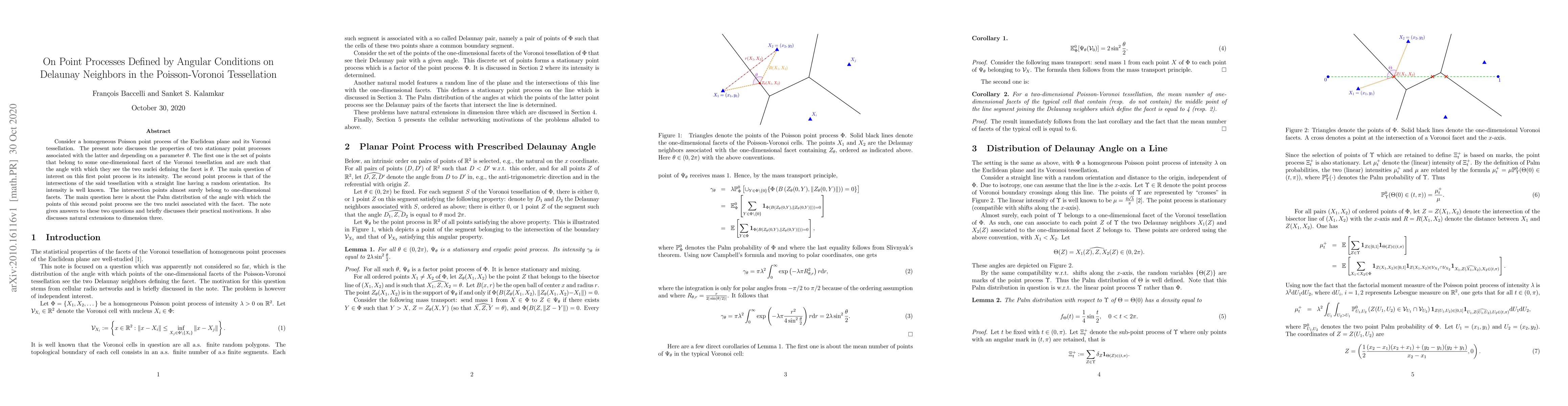 Thumbnail for On Point Processes Defined by Angular Conditions on Delaunay Neighbors
  in the Poisson-Voronoi Tessellation