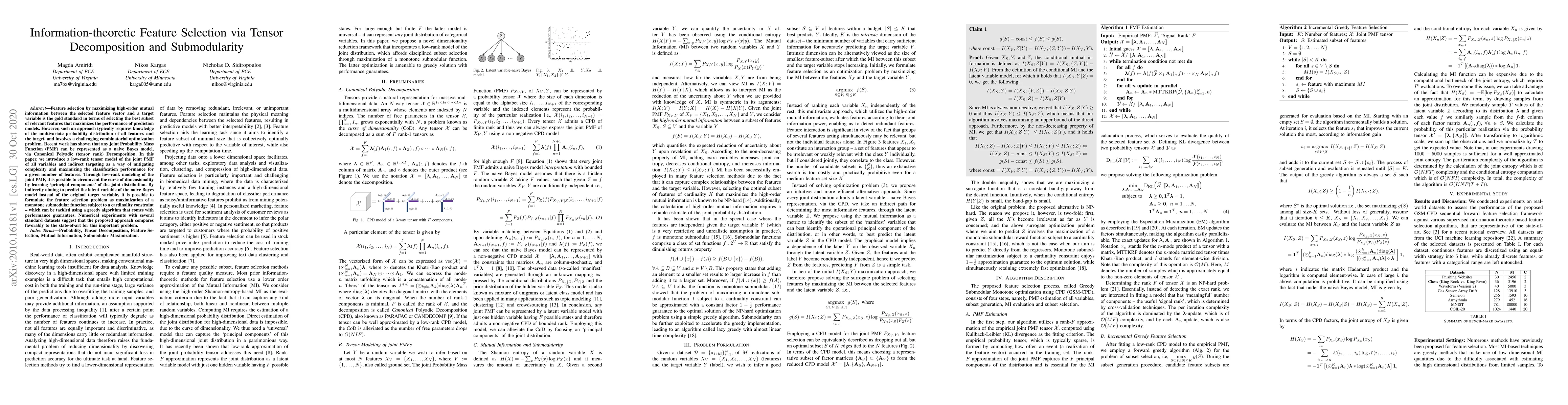 Thumbnail for Information-theoretic Feature Selection via Tensor Decomposition and
  Submodularity