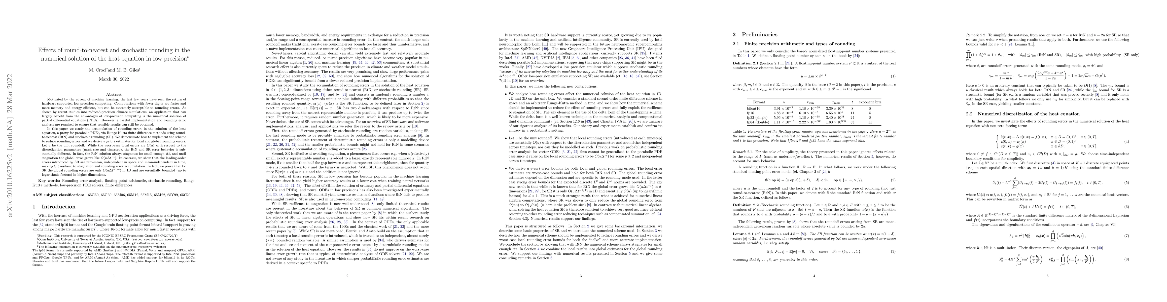 Thumbnail for Effects of round-to-nearest and stochastic rounding in the numerical
  solution of the heat equation in low precision