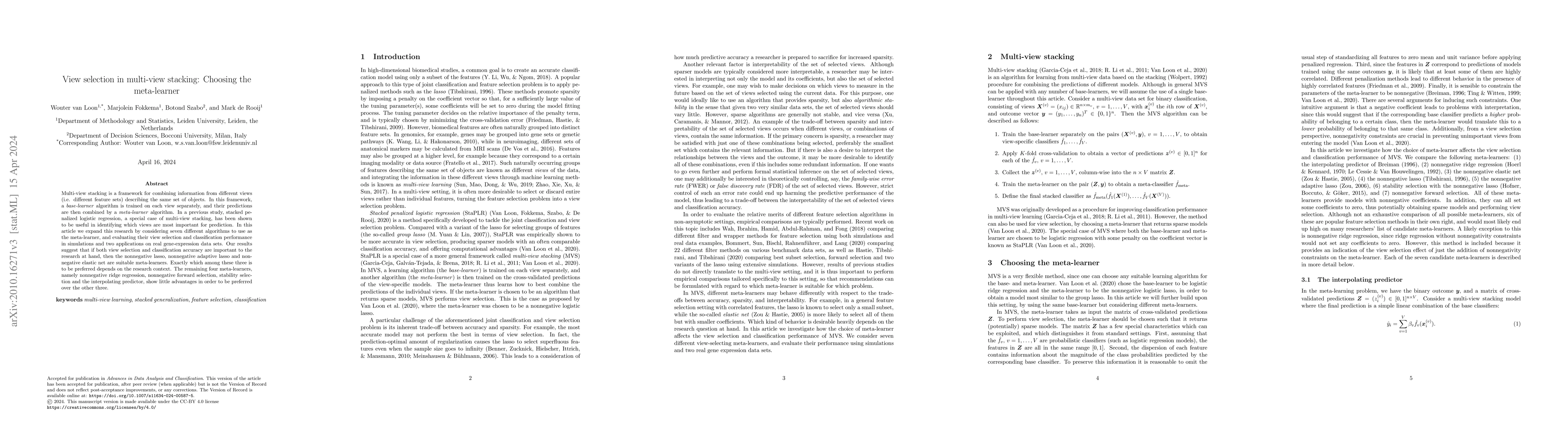 Thumbnail for View selection in multi-view stacking: Choosing the meta-learner