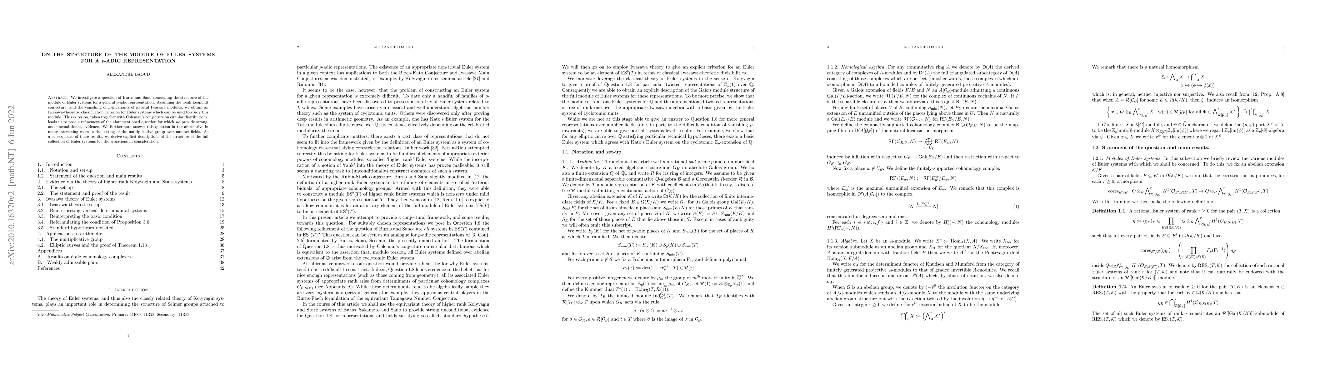 Thumbnail for On the structure of the module of Euler systems for a $p$-adic
  representation