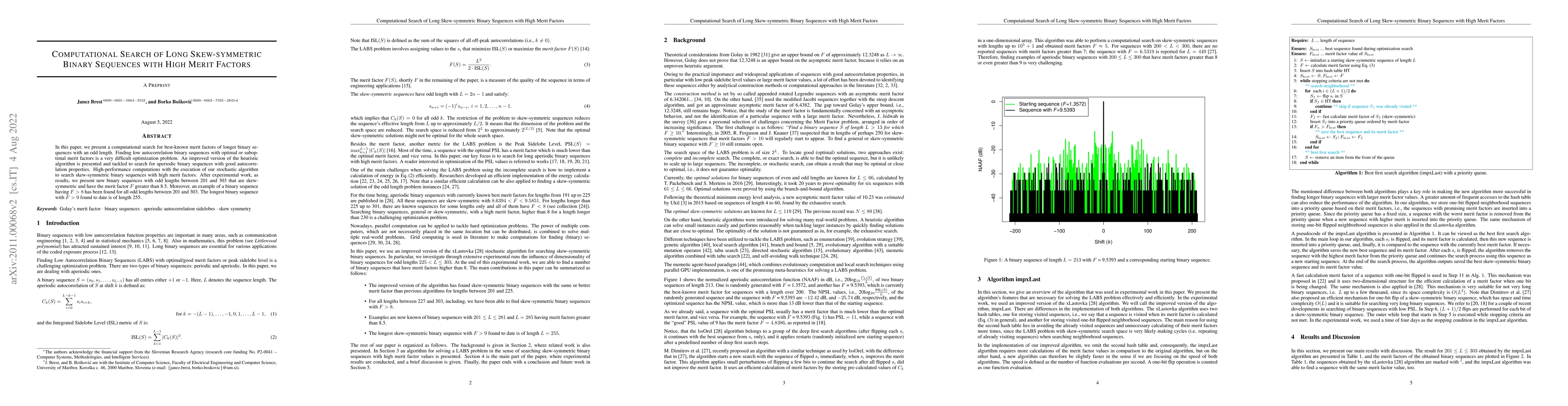 Thumbnail for Computational Searching of Long Skew-symmetric Binary Sequences with
  High Merit Factors