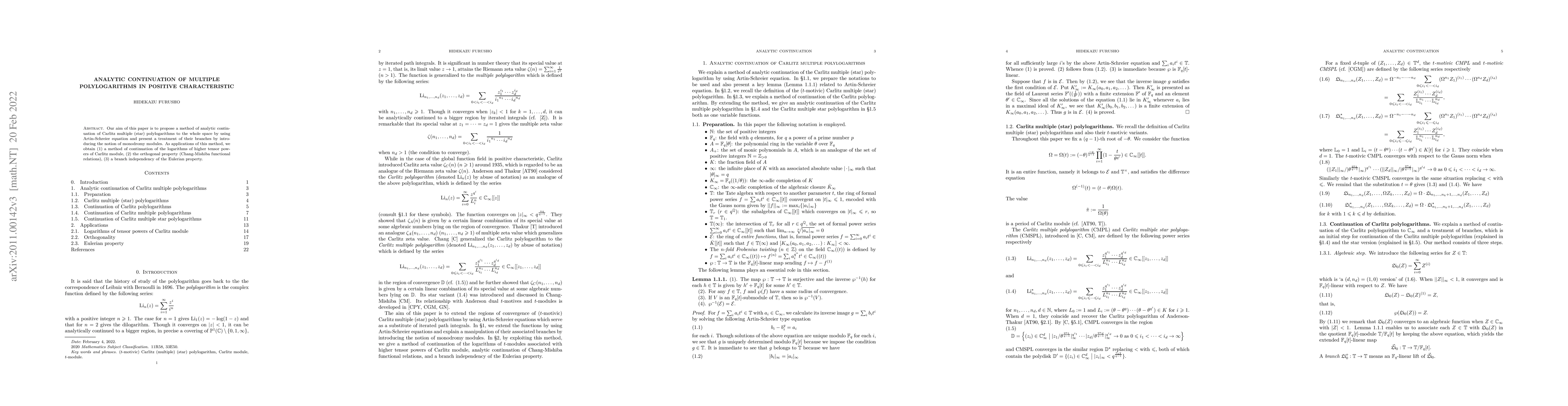 Thumbnail for Analytic continuation of multiple polylogarithms in positive
  characteristic