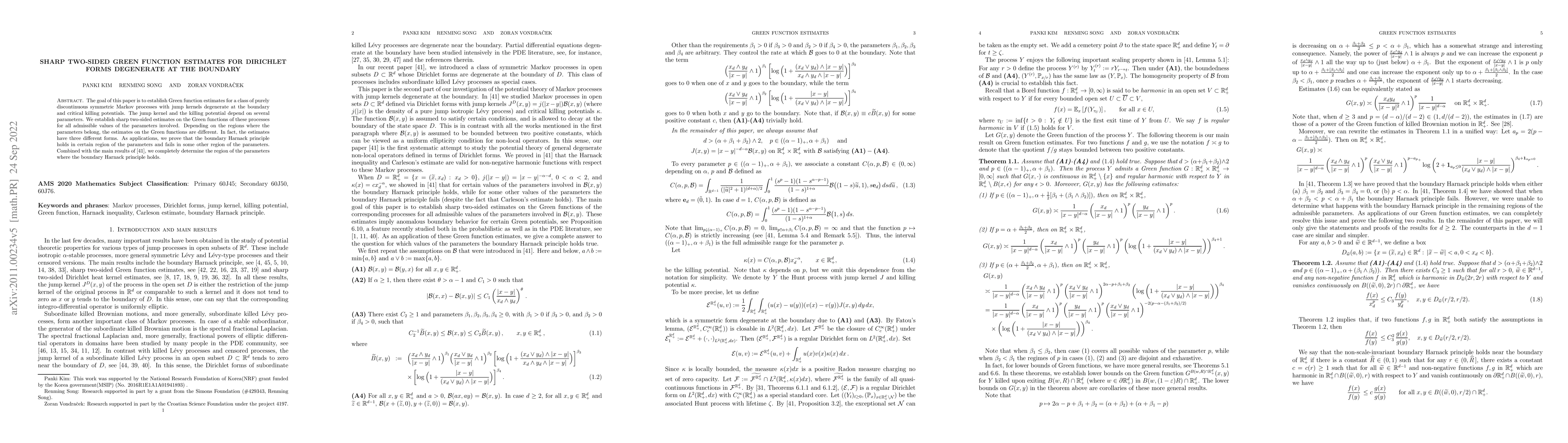 Thumbnail for Sharp two-sided Green function estimates for Dirichlet forms degenerate
  at the boundary