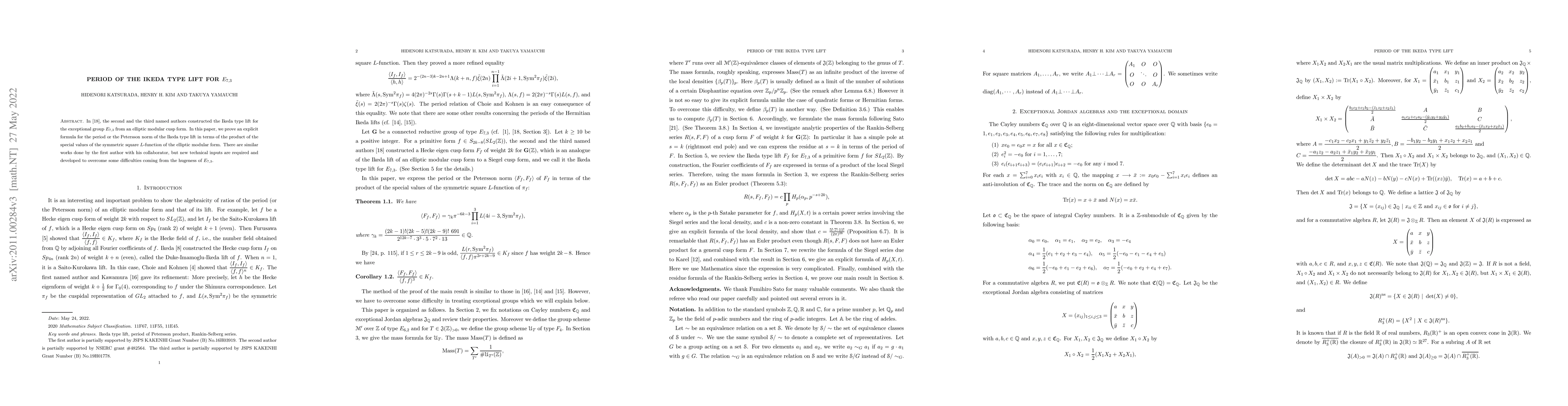 Thumbnail for Period of the Ikeda type lift for $E_{7,3}$