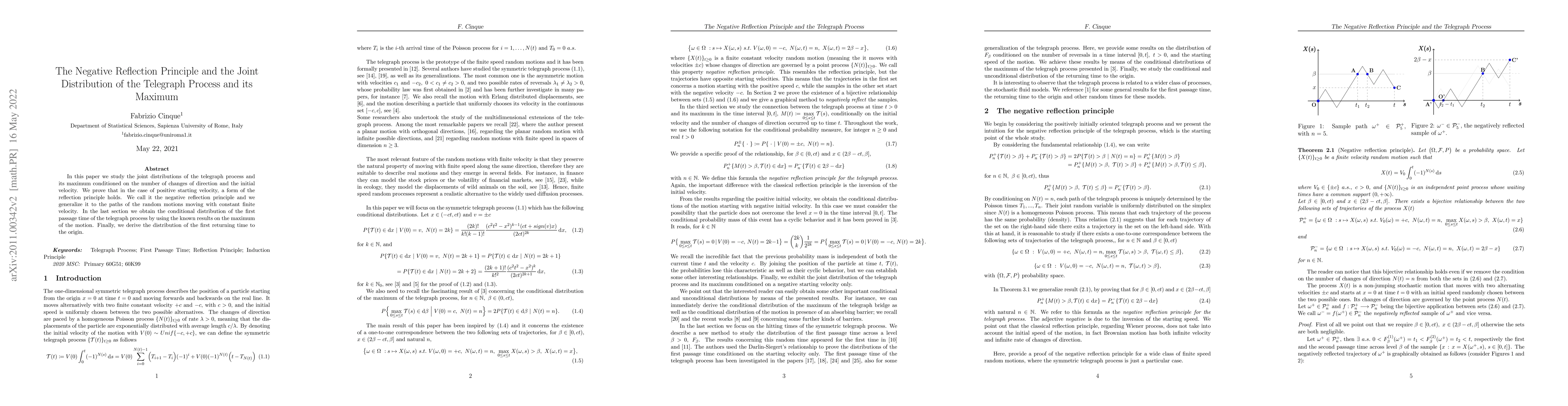 Thumbnail for The Negative Reflection Principle and the Joint Distribution of the
  Telegraph Process and its Maximum