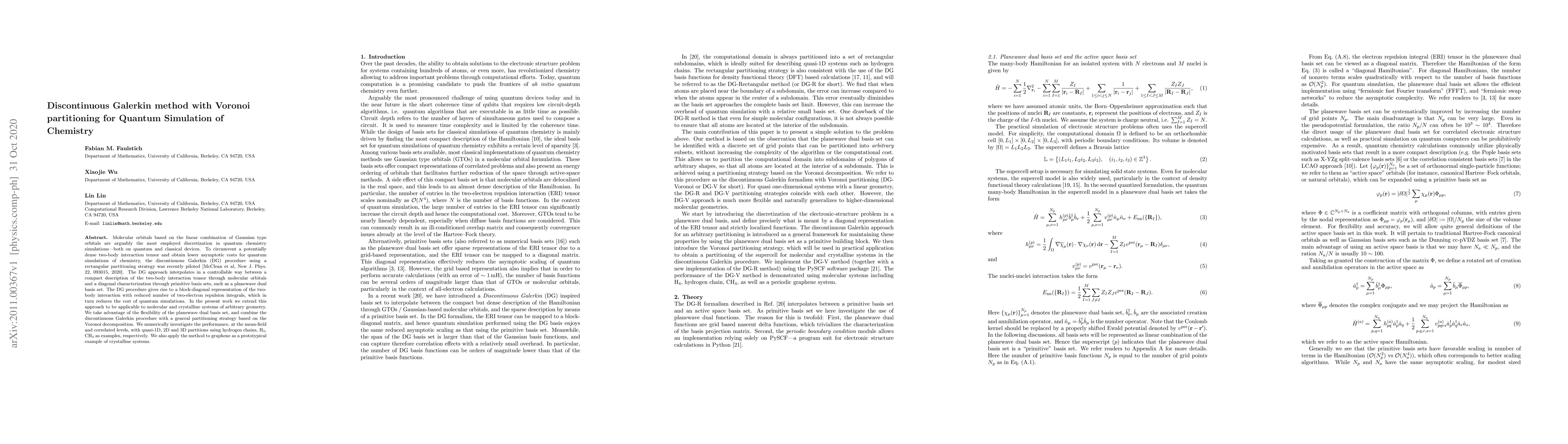 Thumbnail for Discontinuous Galerkin method with Voronoi partitioning for Quantum
  Simulation of Chemistry