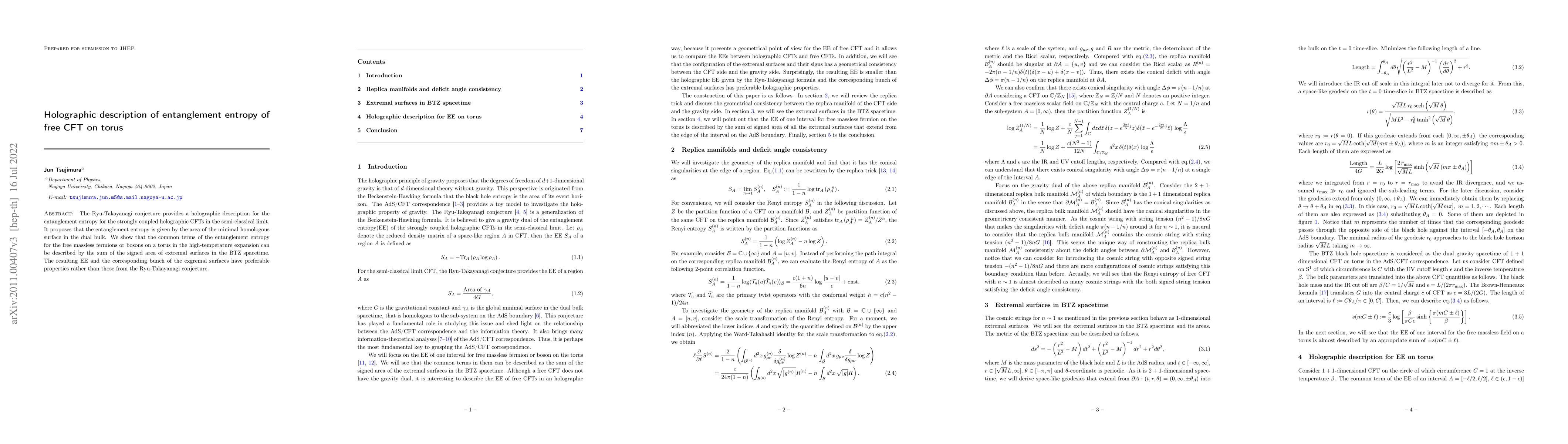 Thumbnail for Holographic description of entanglement entropy of free CFT on torus