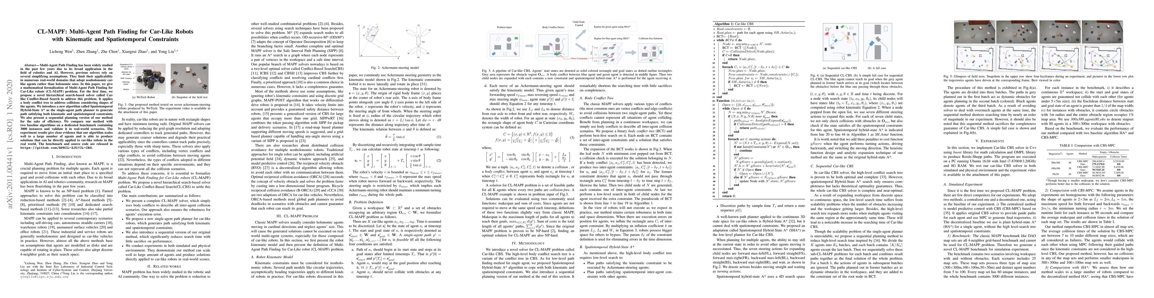 Thumbnail for CL-MAPF: Multi-Agent Path Finding for Car-Like Robots with Kinematic and
  Spatiotemporal Constraints