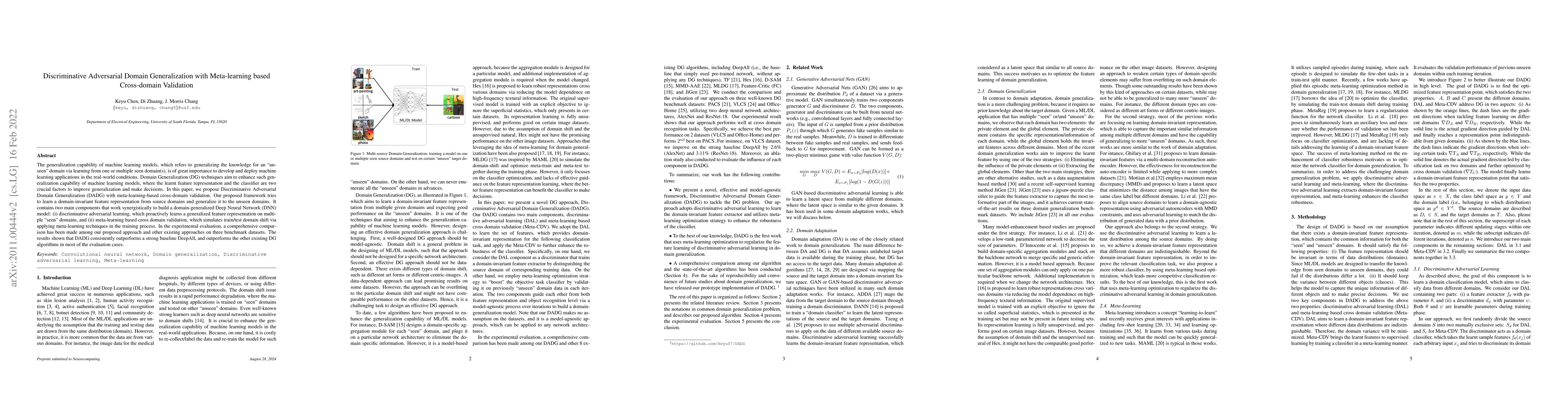 Thumbnail for Discriminative Adversarial Domain Generalization with Meta-learning
  based Cross-domain Validation
