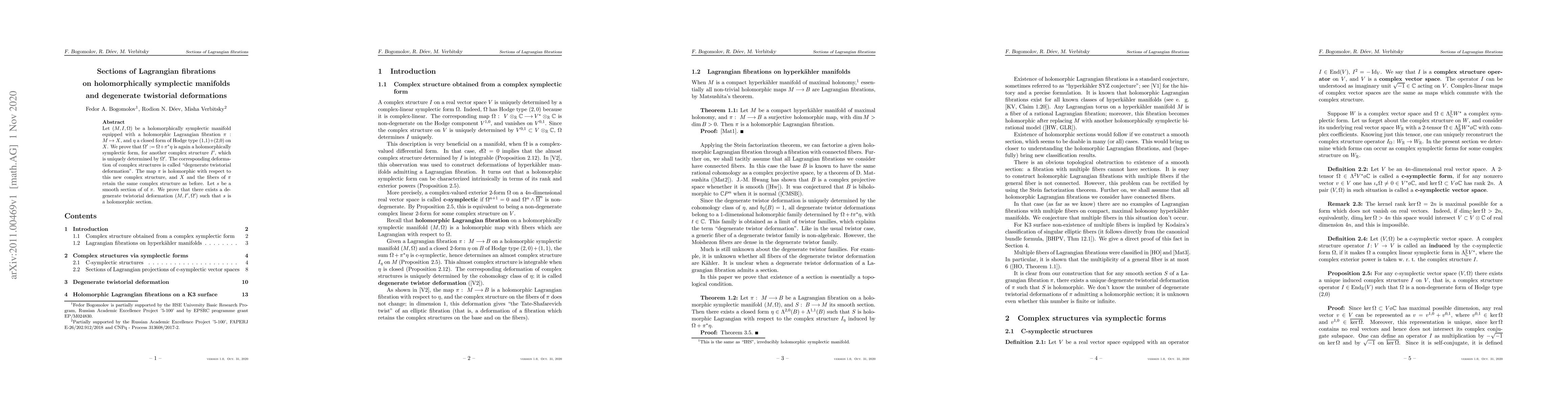 Thumbnail for Sections of Lagrangian fibrations on holomorphically symplectic
  manifolds and degenerate twistorial deformations