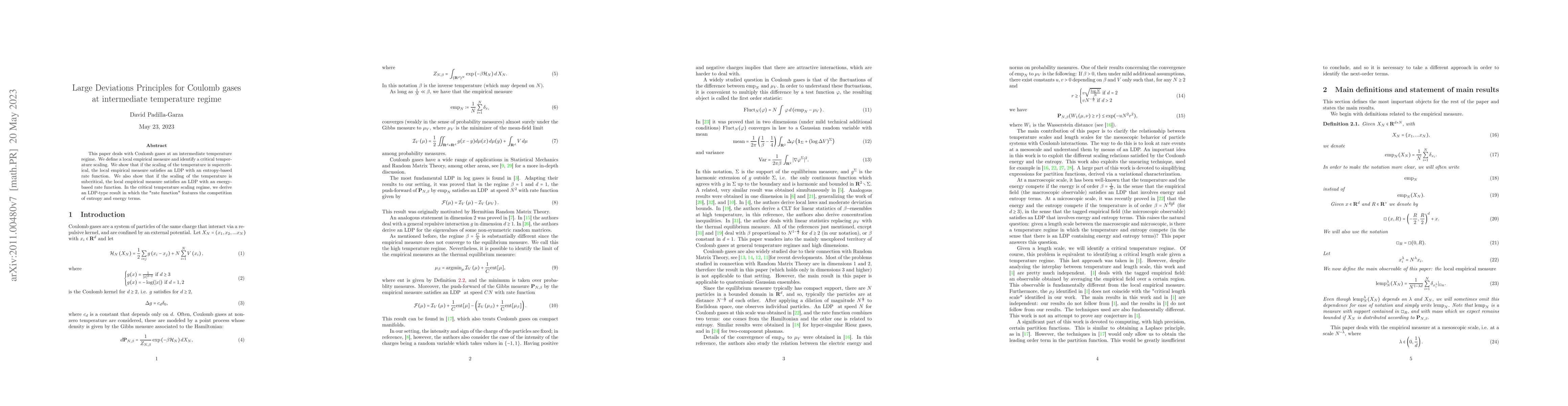Thumbnail for Large Deviation Principle for local empirical measure of Coulomb gases
  at intermediate temperature regime