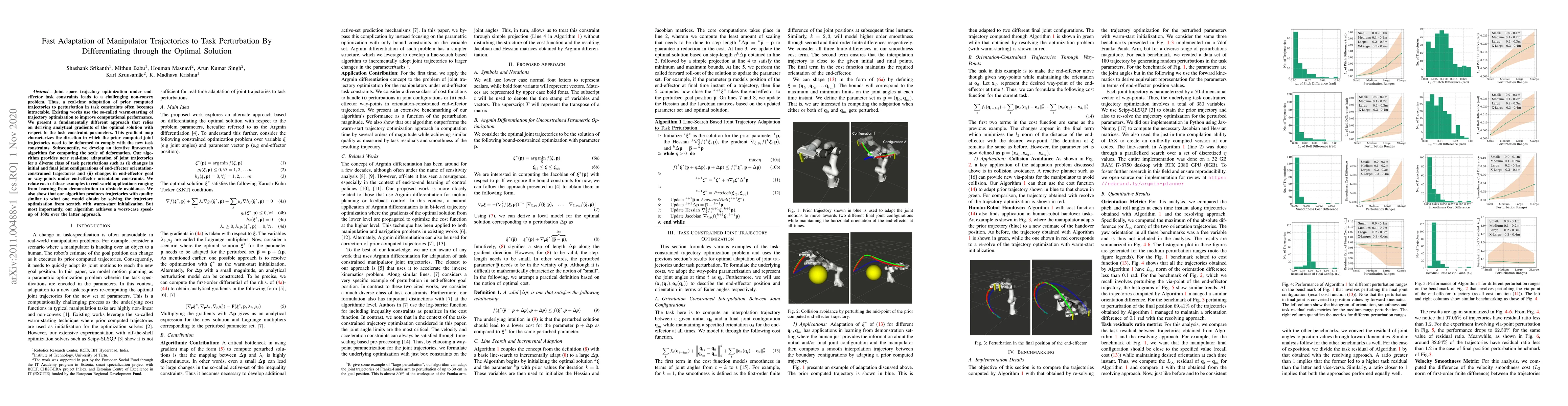 Thumbnail for Fast Adaptation of Manipulator Trajectories to Task Perturbation By
  Differentiating through the Optimal Solution