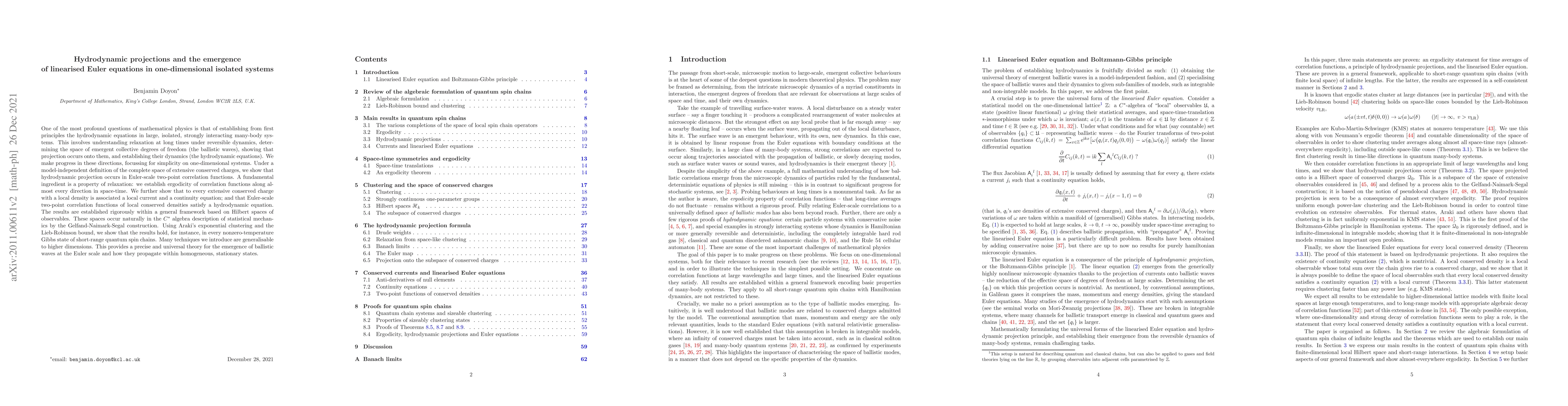 Thumbnail for Hydrodynamic projections and the emergence of linearised Euler equations
  in one-dimensional isolated systems