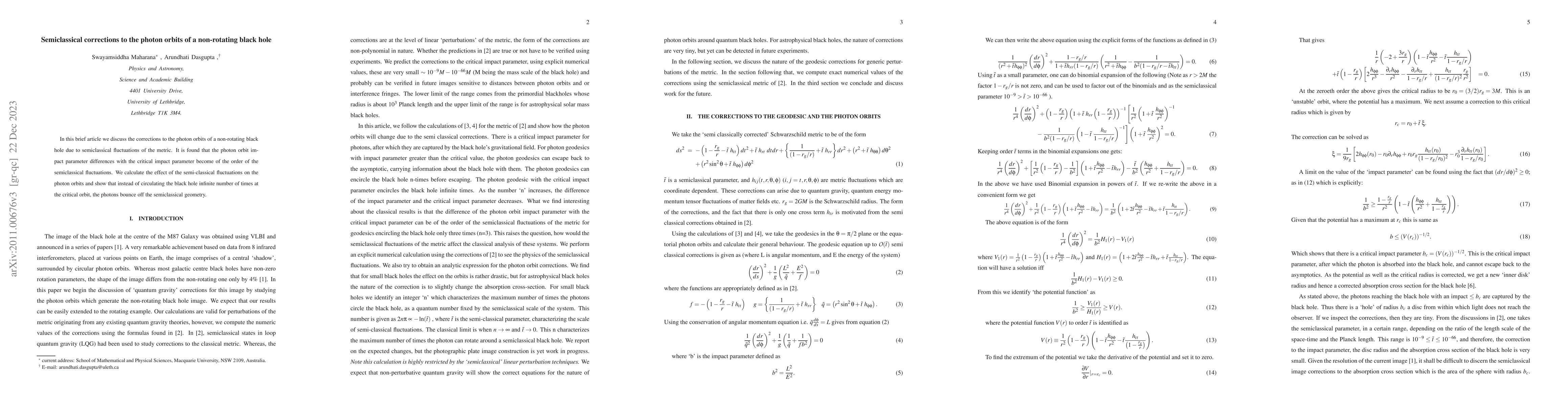 Thumbnail for Semiclassical corrections to the photon orbits of a non-rotating black
  hole