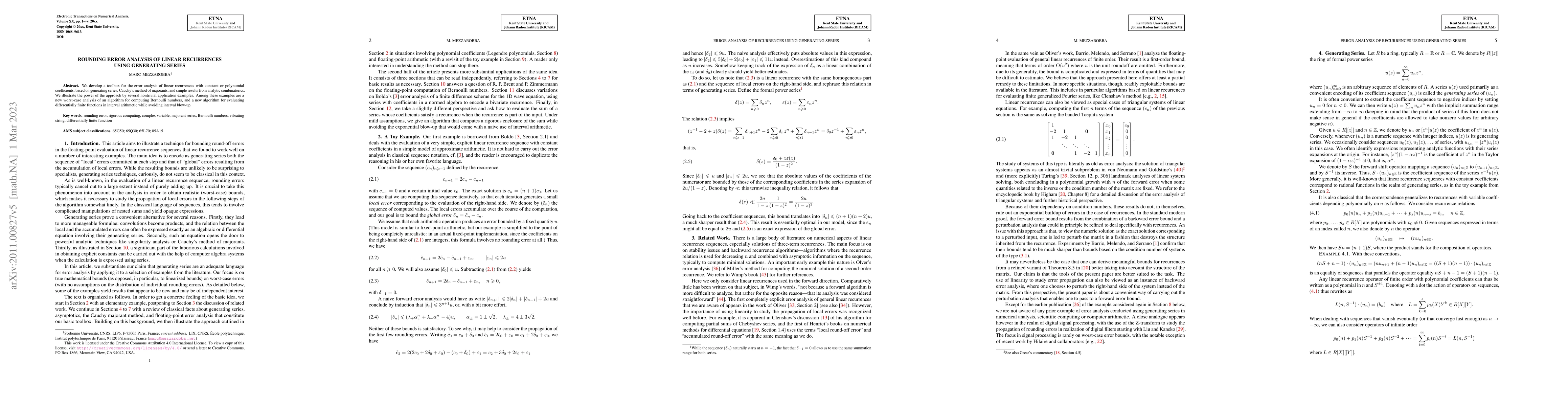 Thumbnail for Rounding Error Analysis of Linear Recurrences Using Generating Series