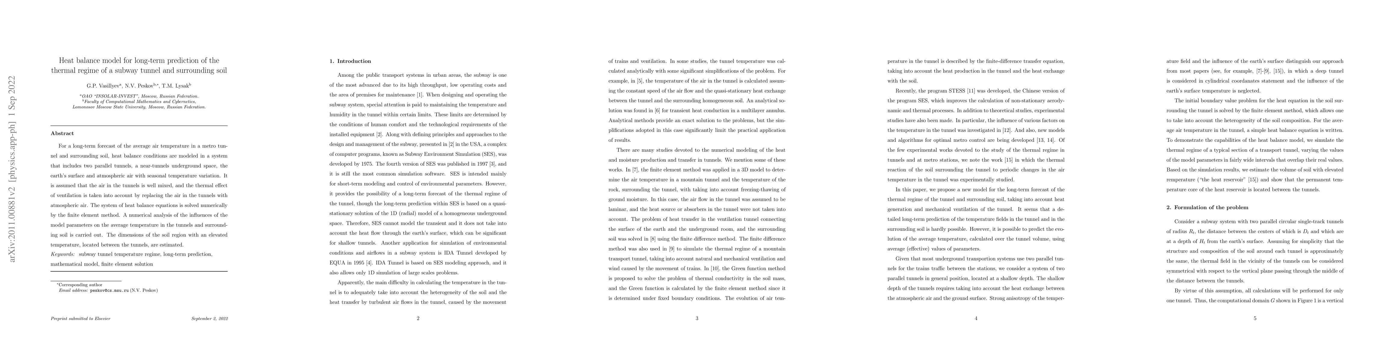 Thumbnail for Heat balance model for long-term prediction of the thermal regime of a
  subway tunnel and surrounding soil