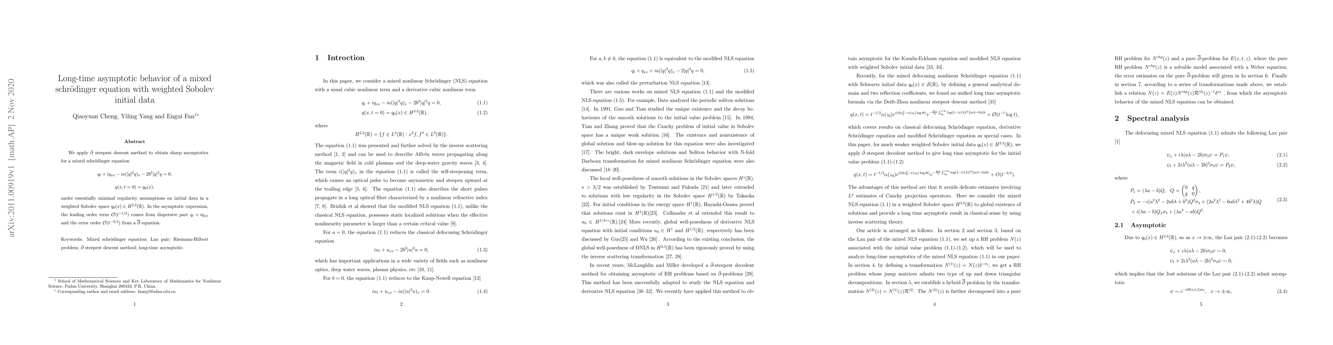 Thumbnail for Long-time asymptotic behavior of a mixed schr\"{o}dinger equation with
  weighted Sobolev initial data