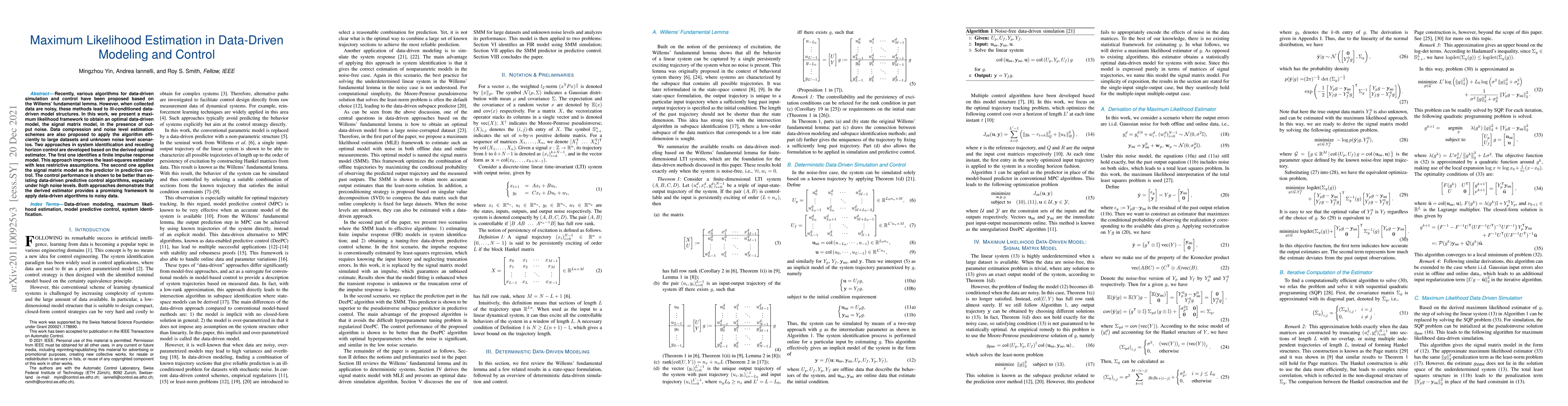 Thumbnail for Maximum Likelihood Estimation in Data-Driven Modeling and Control