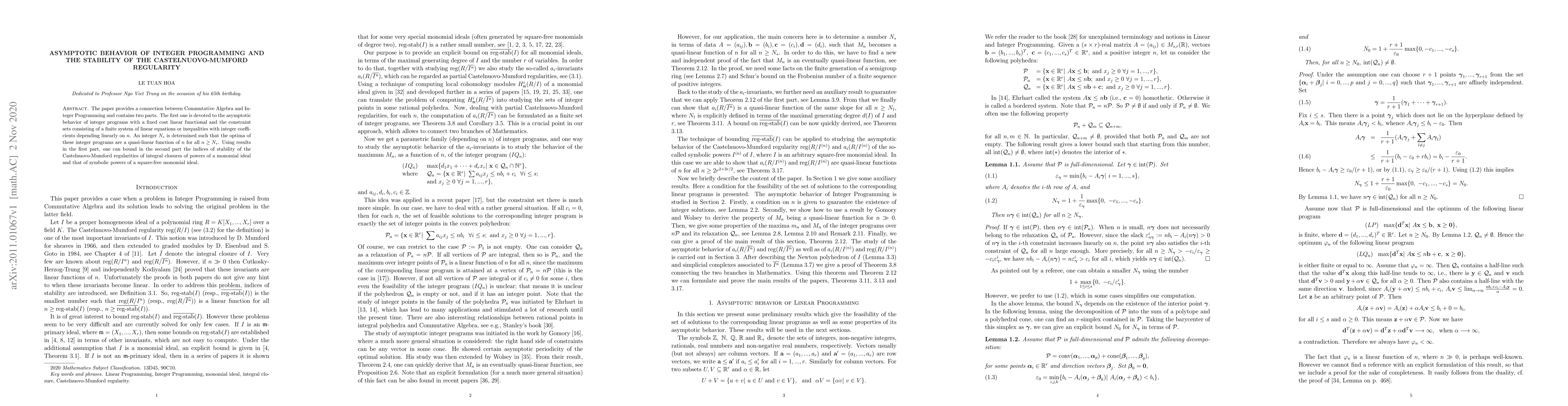Thumbnail for Asymptotic behavior of Integer Programming and the stability of the
  Castelnuovo-Mumford regularity