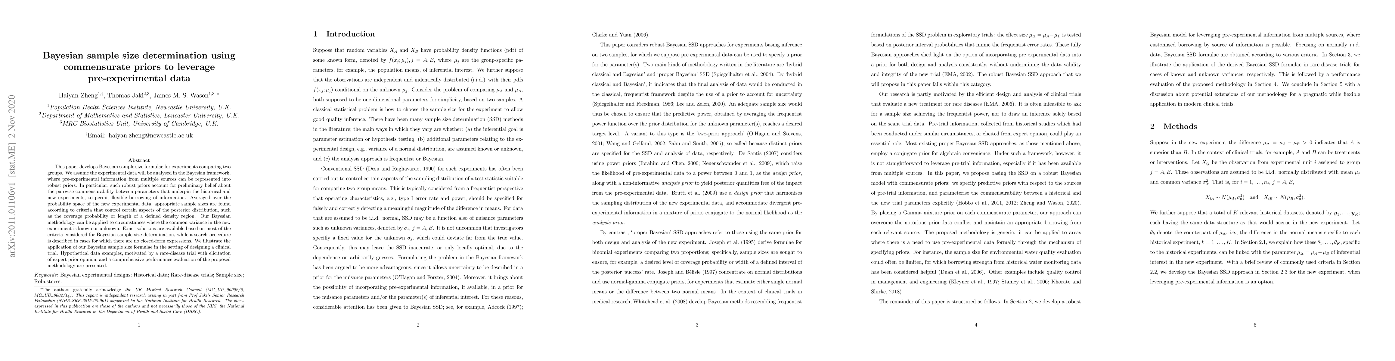 Thumbnail for Bayesian sample size determination using commensurate priors to leverage
  pre-experimental data