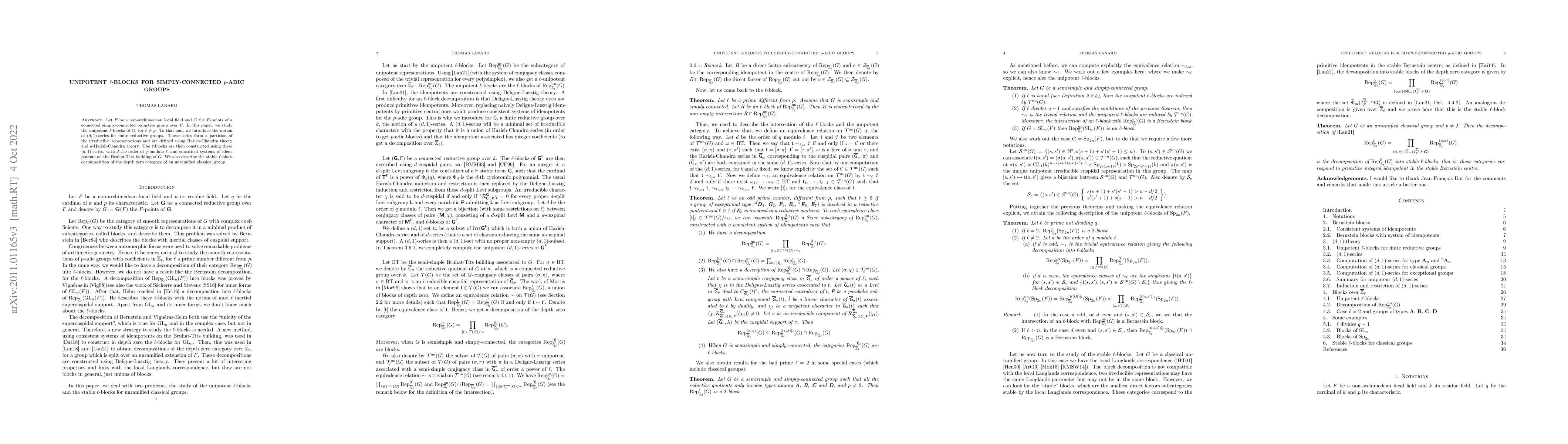 Thumbnail for Unipotent $\ell$-blocks for simply-connected $p$-adic groups