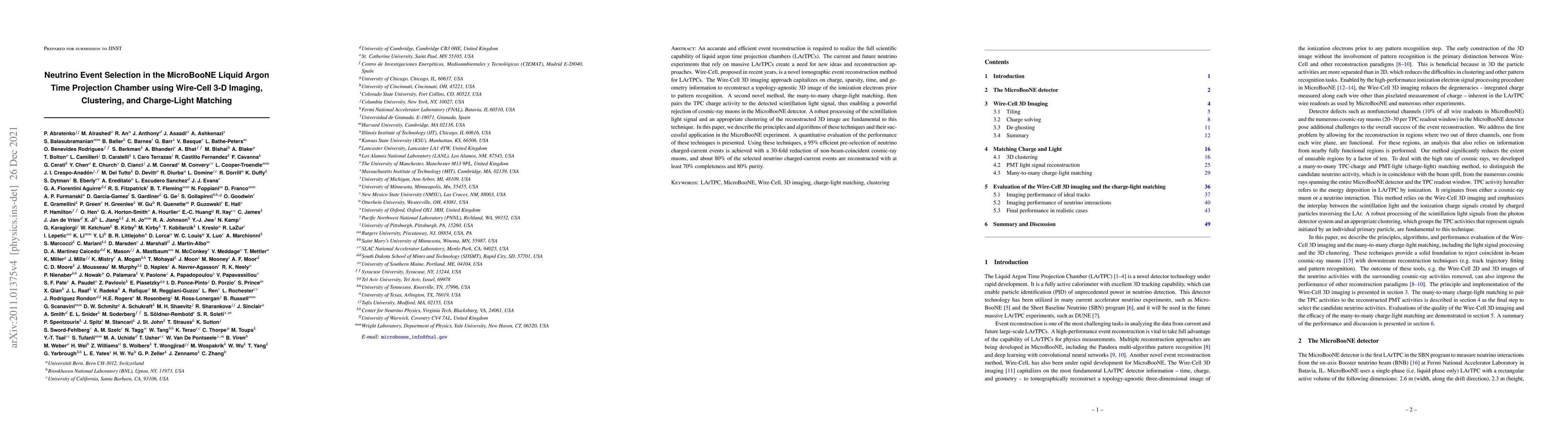 Thumbnail for Neutrino Event Selection in the MicroBooNE Liquid Argon Time Projection
  Chamber using Wire-Cell 3-D Imaging, Clustering, and Charge-Light Matching