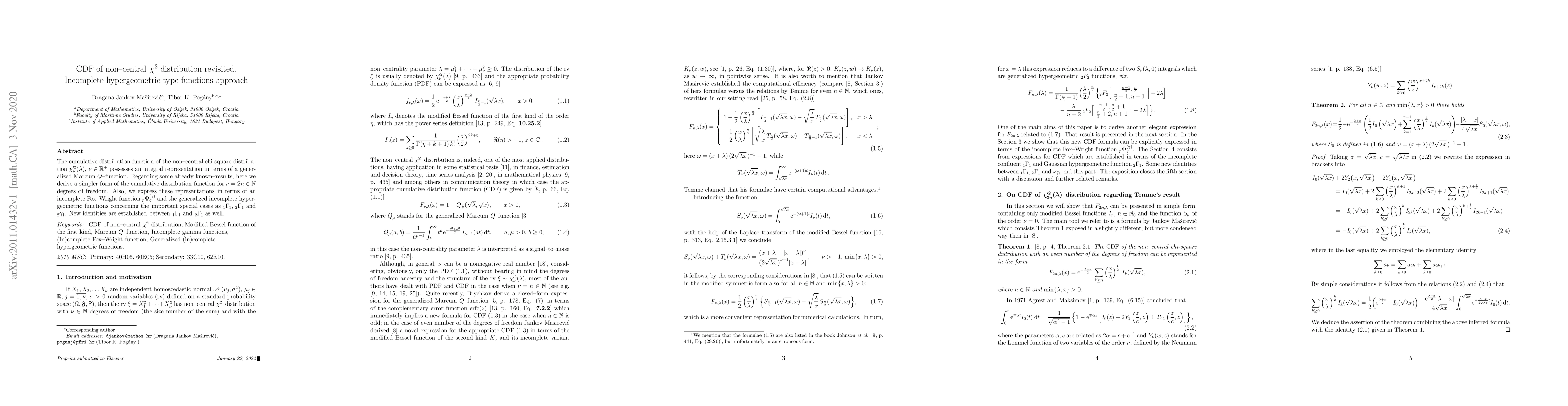 Thumbnail for CDF of non-central $\chi^2$ distribution revisited. Incomplete
  hypergeometric type functions approach