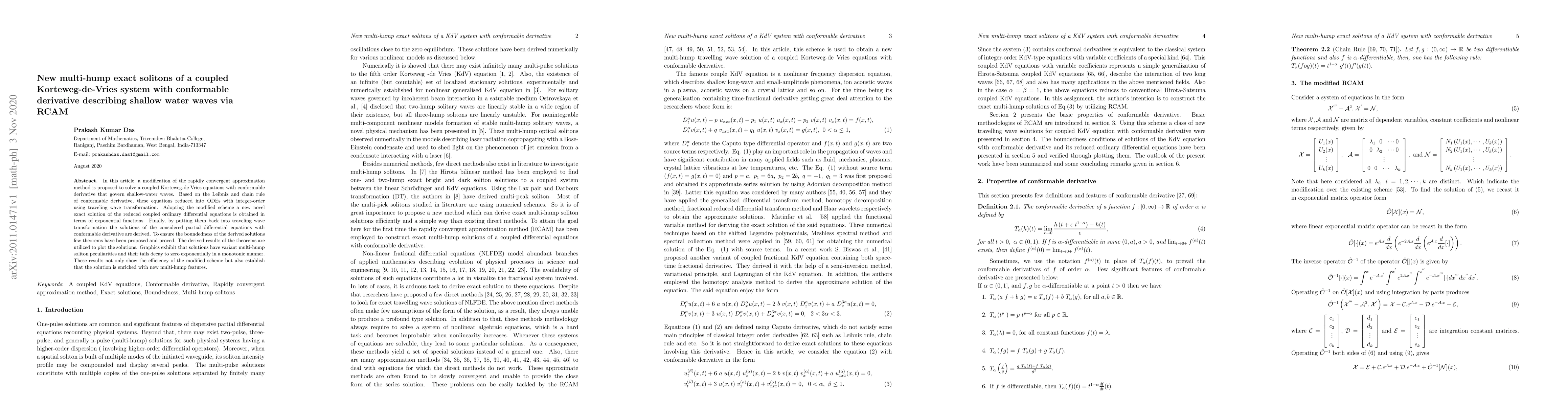 Thumbnail for New multi-hump exact solitons of a coupled Korteweg-de-Vries system with
  conformable derivative describing shallow water waves via RCAM