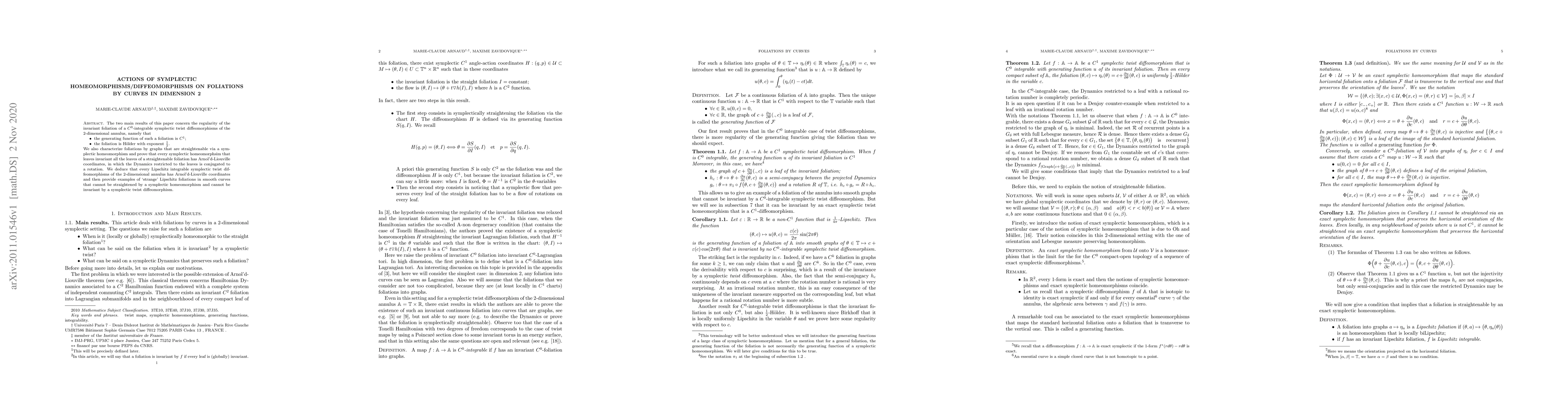 Thumbnail for Actions of symplectic homeomorphisms/diffeomorphisms on foliations by
  curves in dimension 2