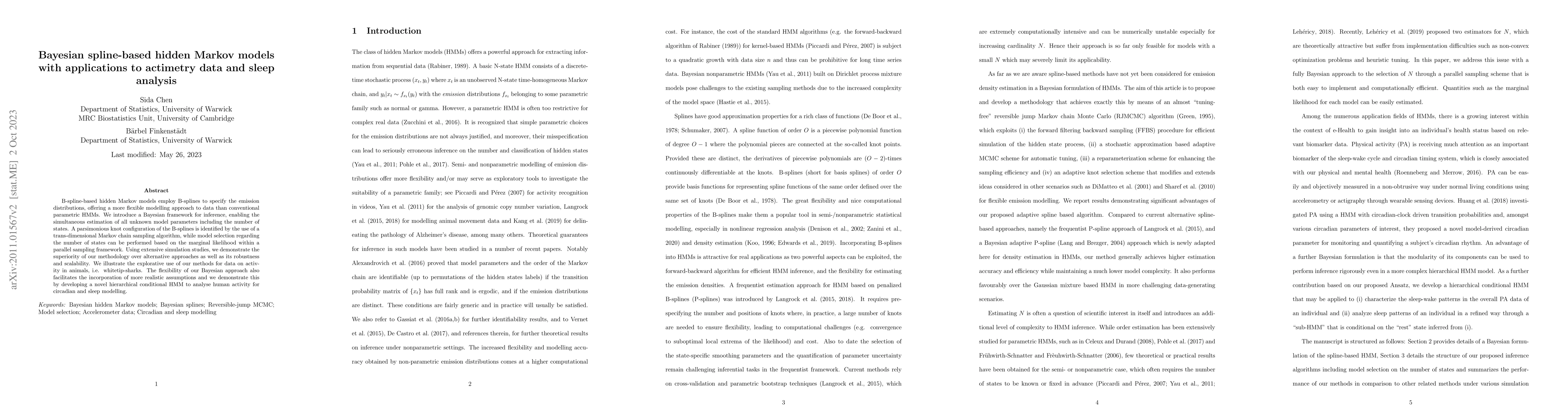 Thumbnail for Bayesian spline-based hidden Markov models with applications to
  actimetry data and sleep analysis