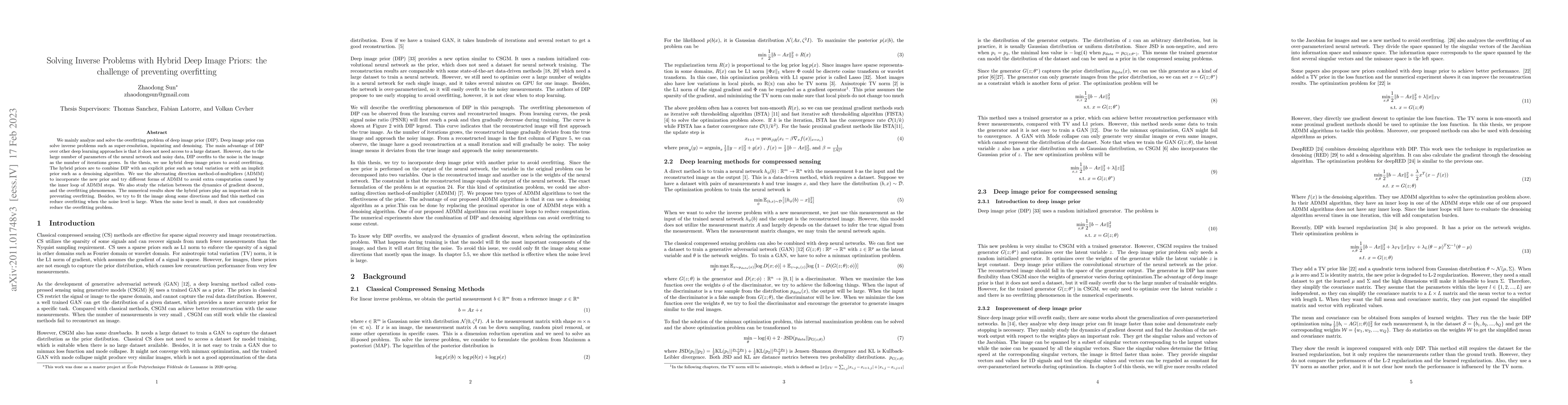 Thumbnail for Solving Inverse Problems with Hybrid Deep Image Priors: the challenge of
  preventing overfitting
