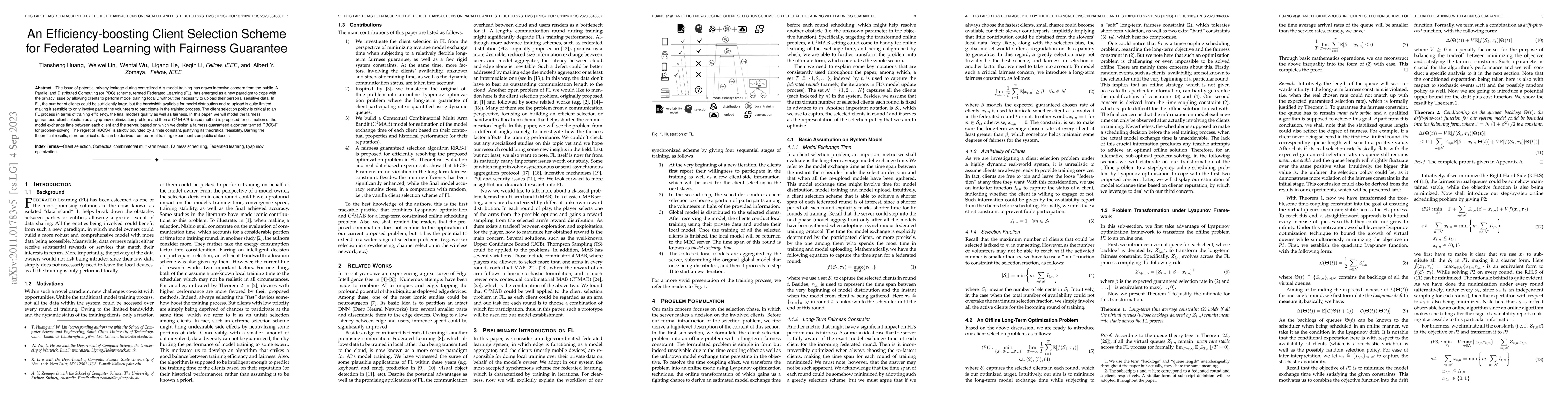 Thumbnail for An Efficiency-boosting Client Selection Scheme for Federated Learning
  with Fairness Guarantee