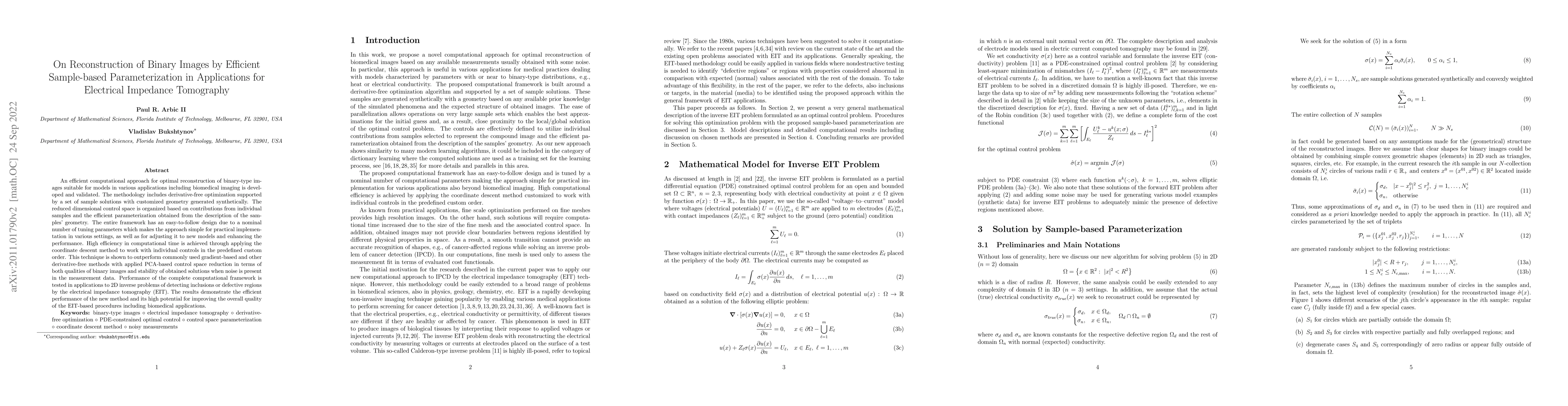 Thumbnail for On Reconstruction of Binary Images by Efficient Sample-based
  Parameterization in Applications for Electrical Impedance Tomography
