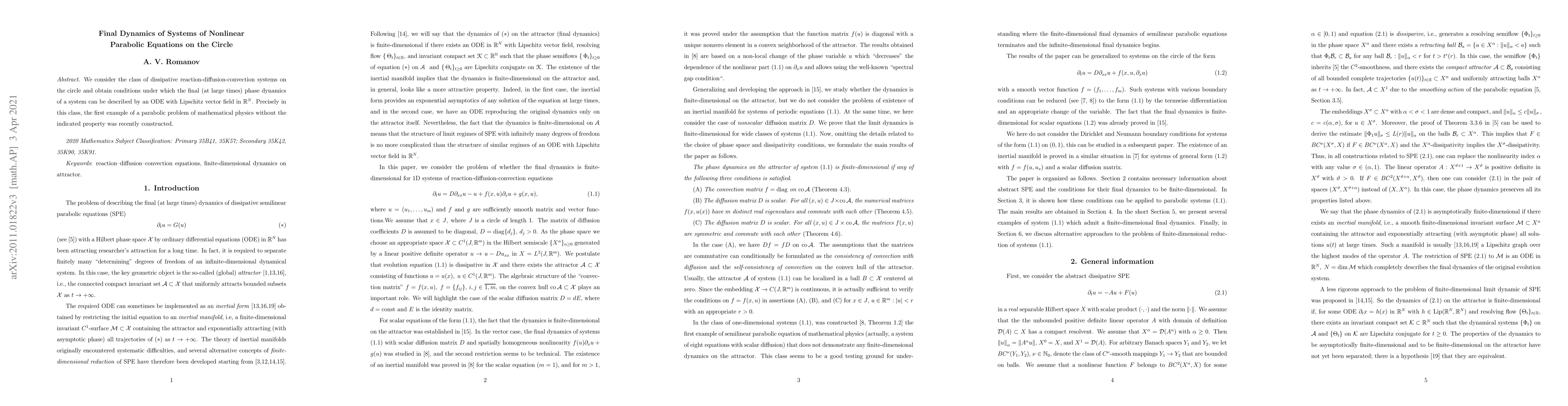Thumbnail for Final Dynamics of Systems of Nonlinear Parabolic Equations on the Circle