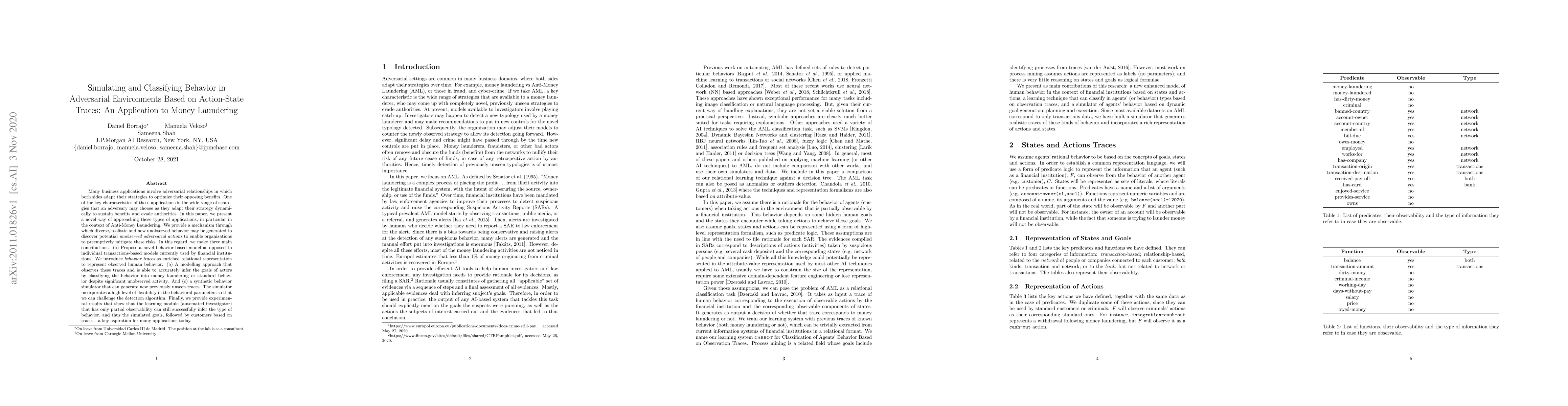 Thumbnail for Simulating and classifying behavior in adversarial environments based on
  action-state traces: an application to money laundering