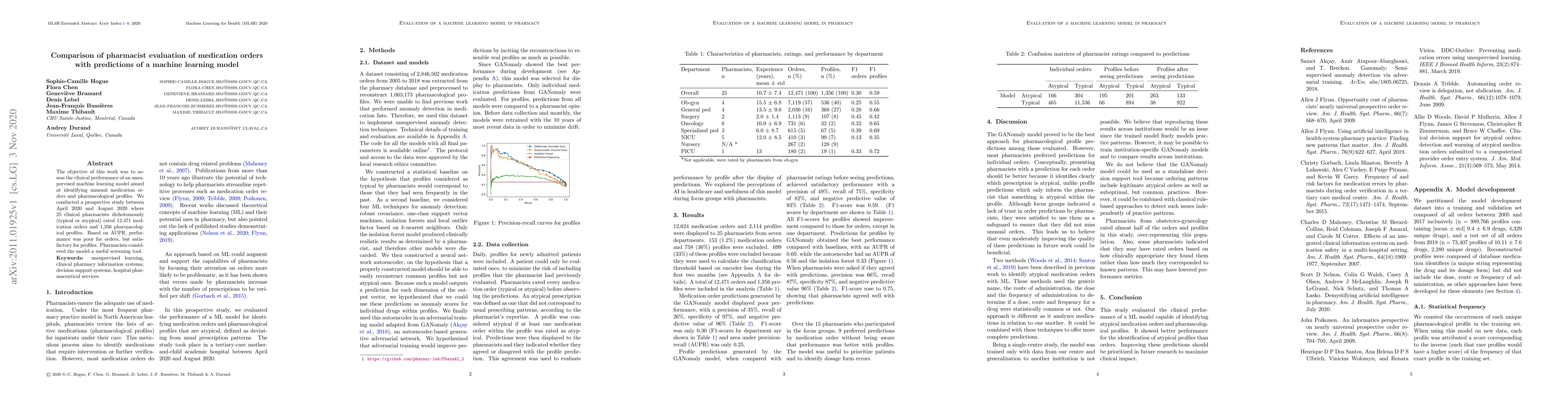 Thumbnail for Comparison of pharmacist evaluation of medication orders with
  predictions of a machine learning model