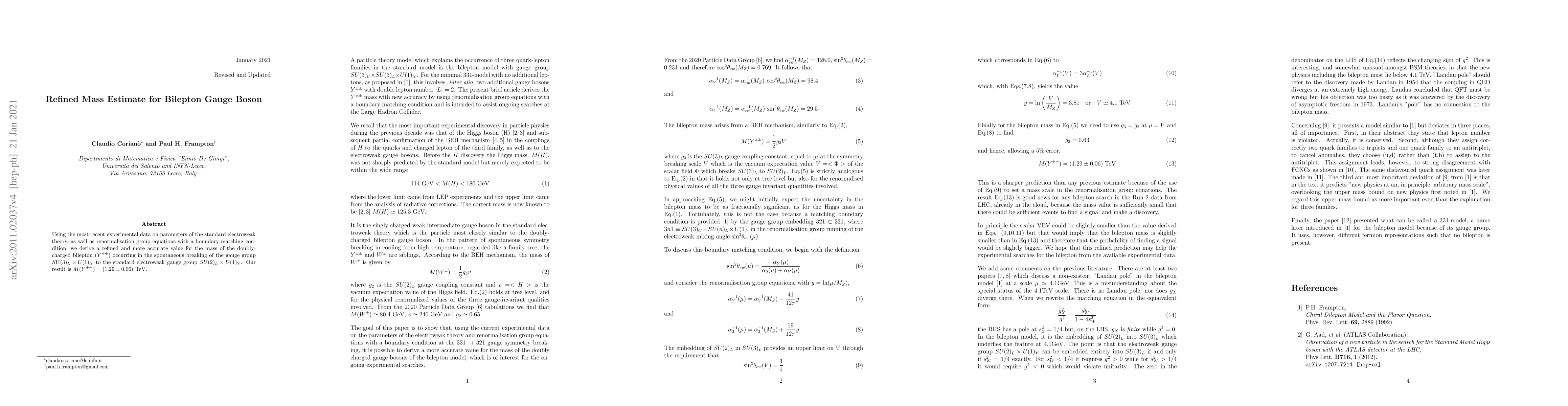 Thumbnail for Refined Mass Estimate for Bilepton Gauge Boson