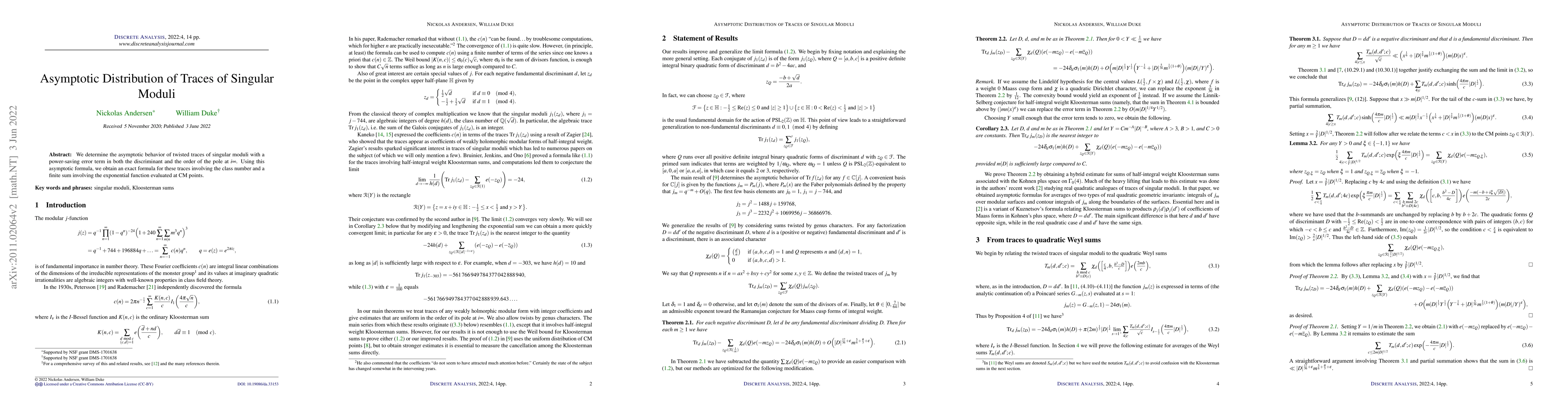 Thumbnail for Asymptotic distribution of traces of singular moduli