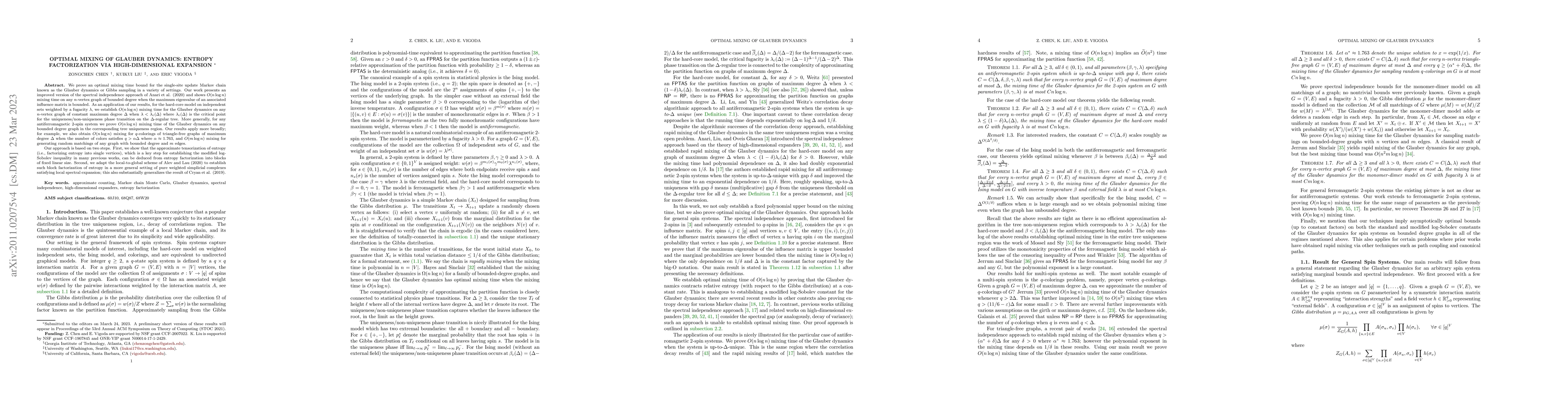 Thumbnail for Optimal Mixing of Glauber Dynamics: Entropy Factorization via
  High-Dimensional Expansion
