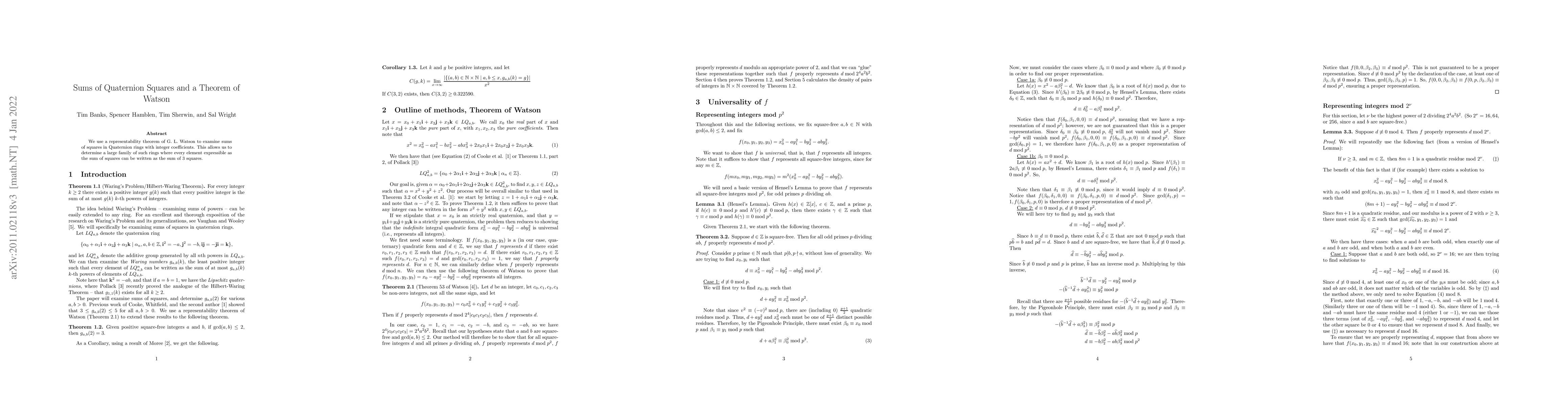 Thumbnail for Sums of Quaternion Squares and a Theorem of Watson