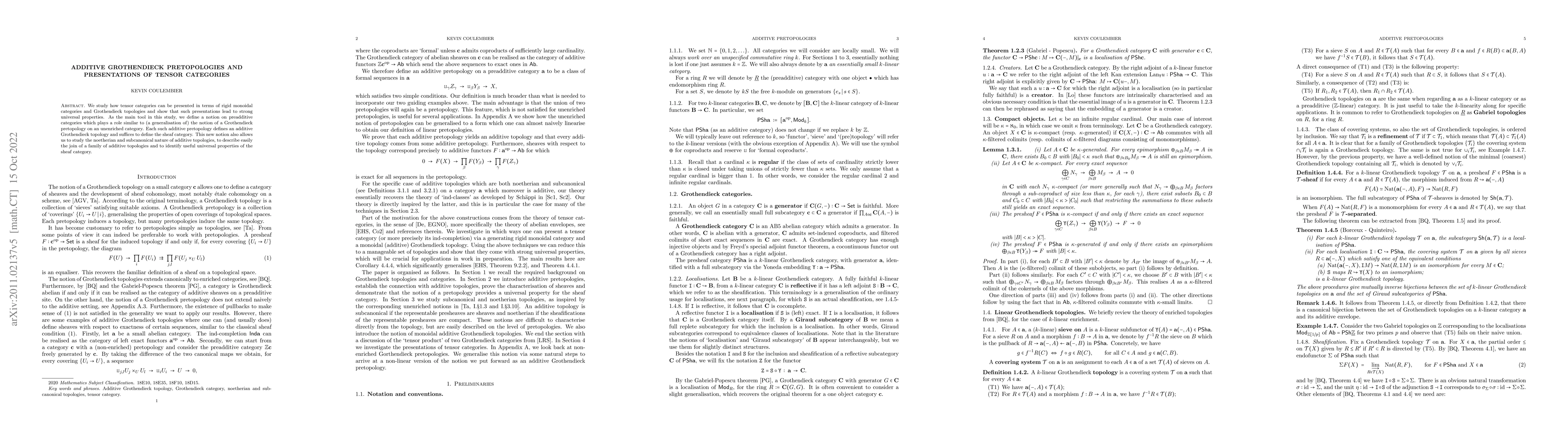 Thumbnail for Additive Grothendieck pretopologies and presentations of tensor
  categories