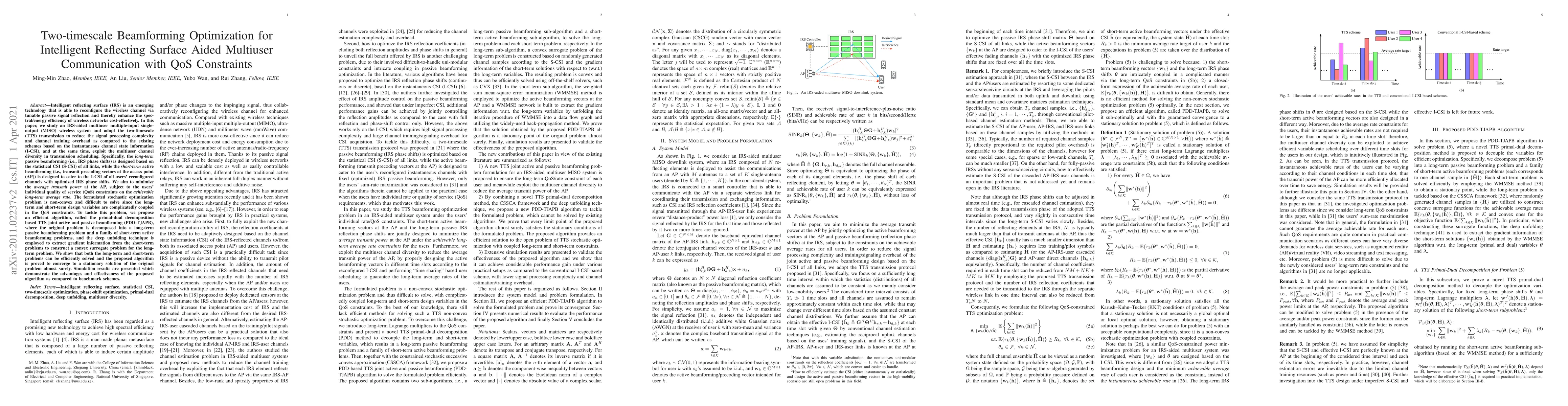 Thumbnail for Two-timescale Beamforming Optimization for Intelligent Reflecting
  Surface Aided Multiuser Communication with QoS Constraints