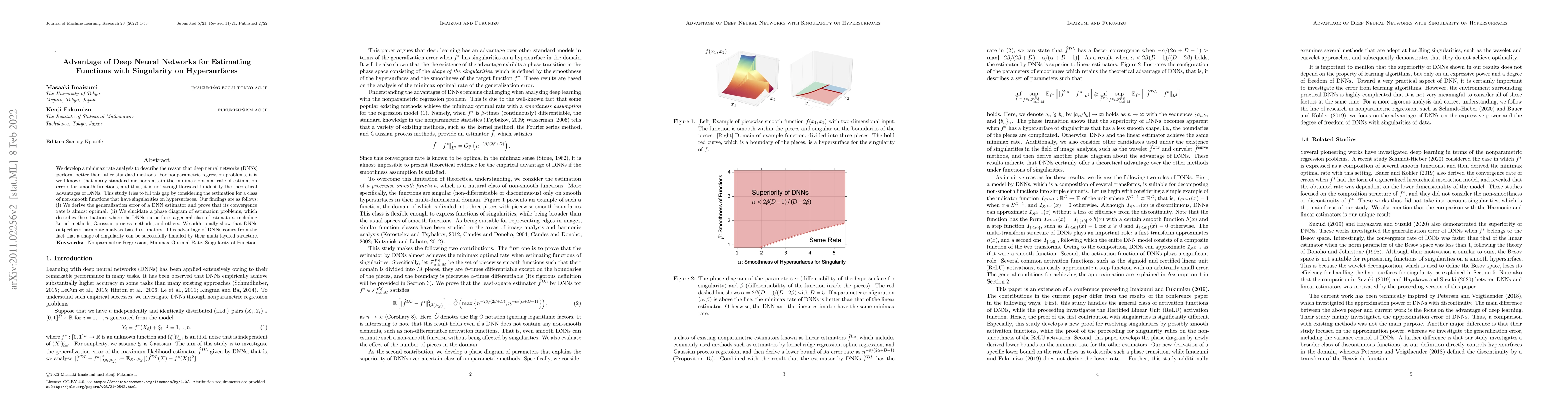 Thumbnail for Advantage of Deep Neural Networks for Estimating Functions with
  Singularity on Hypersurfaces