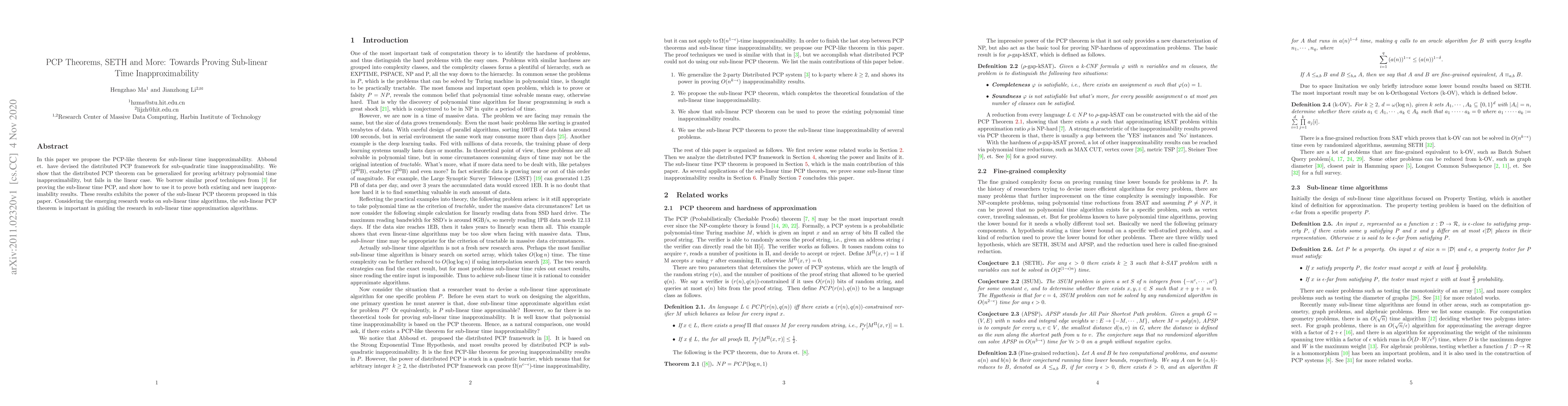 Thumbnail for PCP Theorems, SETH and More: Towards Proving Sub-linear Time
  Inapproximability