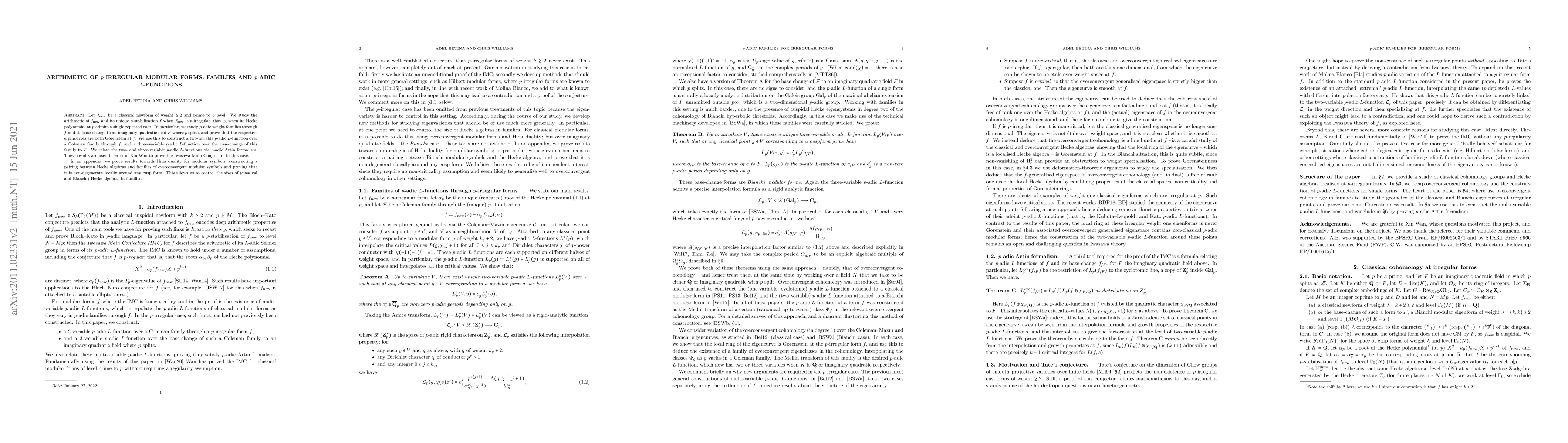 Thumbnail for Arithmetic of p-irregular modular forms: families and p-adic L-functions